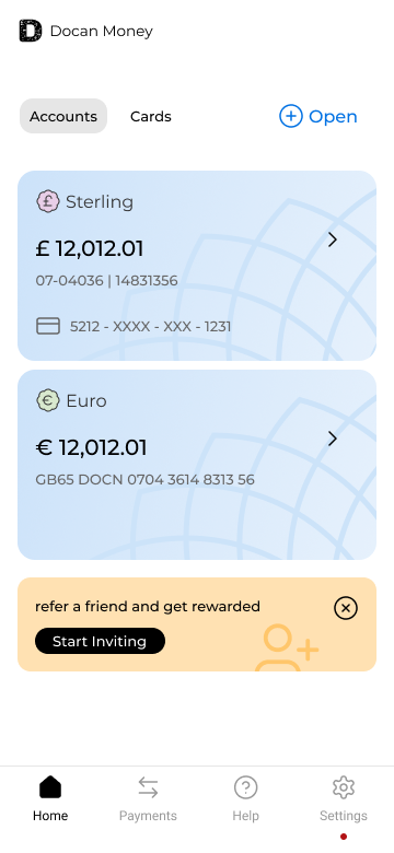 Docan Money app home screen with accounts and bottom navigation