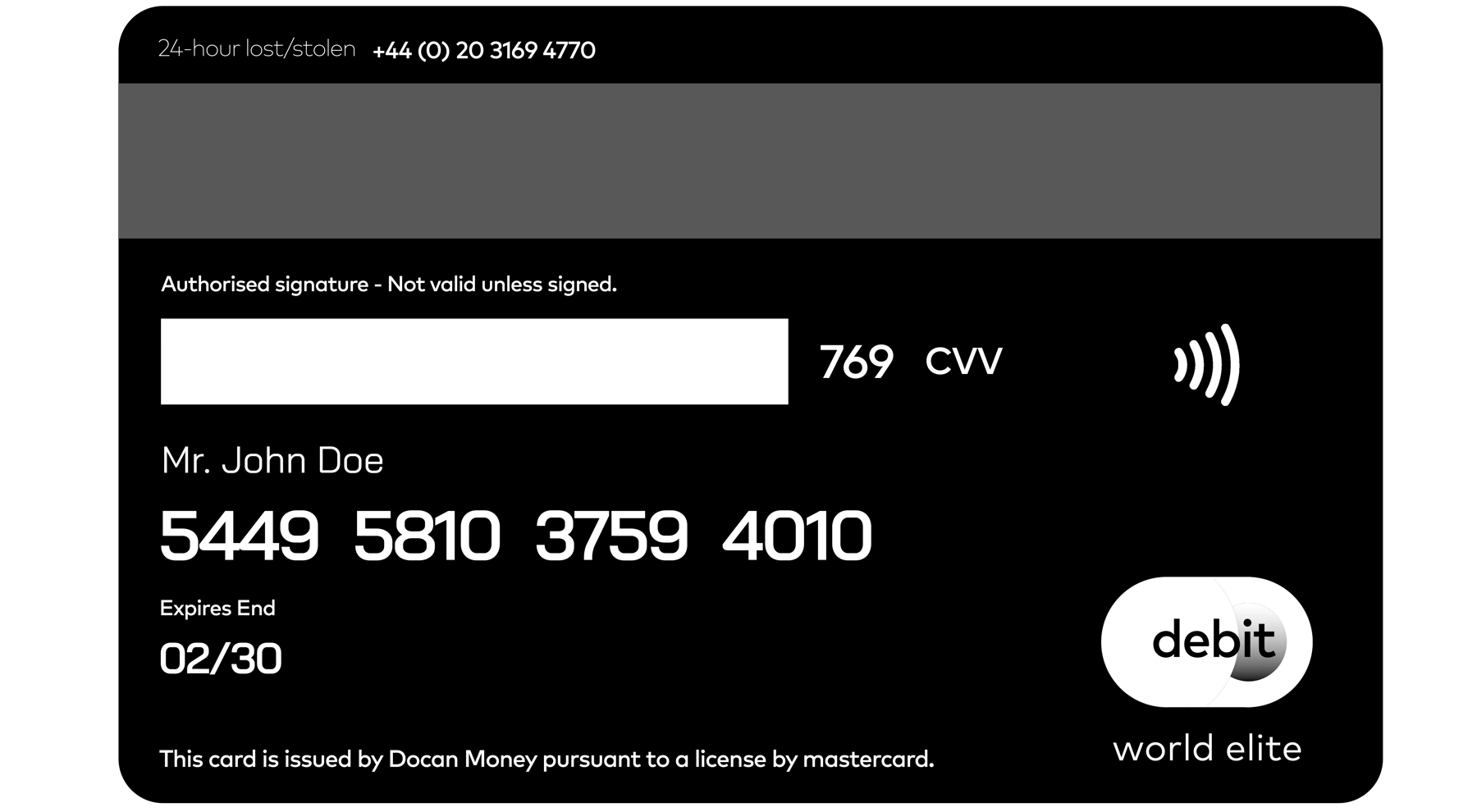 Reverse of the supplied Docan Money card design