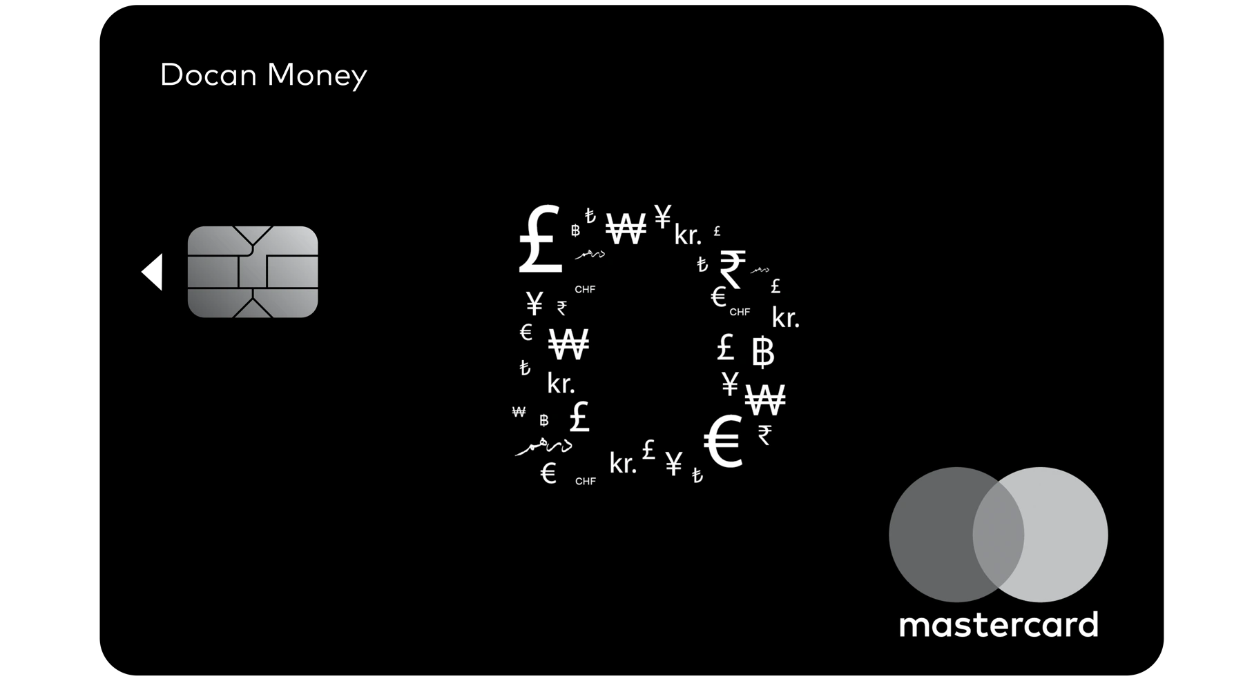 Docan Money card front in black, with a silver chip and currency-symbol D motif